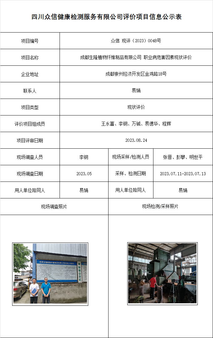 成都生隆植物纤维制品有限公司现状评价