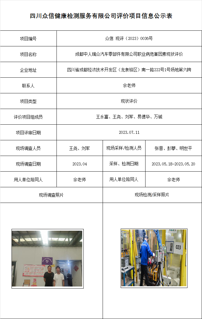 成都中人瑞众汽车零部件有限公司现状评价