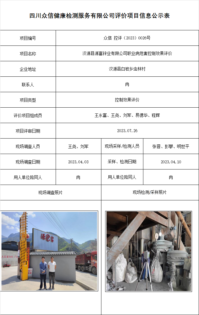 汉源县源富锌业有限公司职业病危害控制效果评价