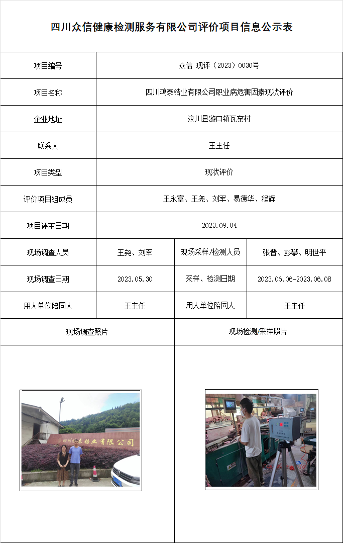 四川鸿泰锆业有限公司职业病危害因素现状评价