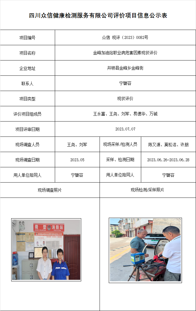金峰加油站职业病危害因素现状评价