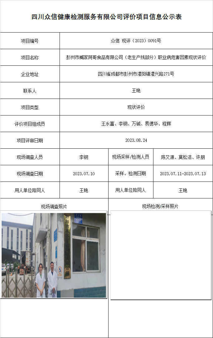 彭州市臧家阿哥食品有限公司（老生产线部分）现状评价