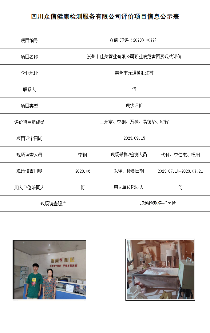 崇州市佳美管业有限公司职业病危害因素现状评价