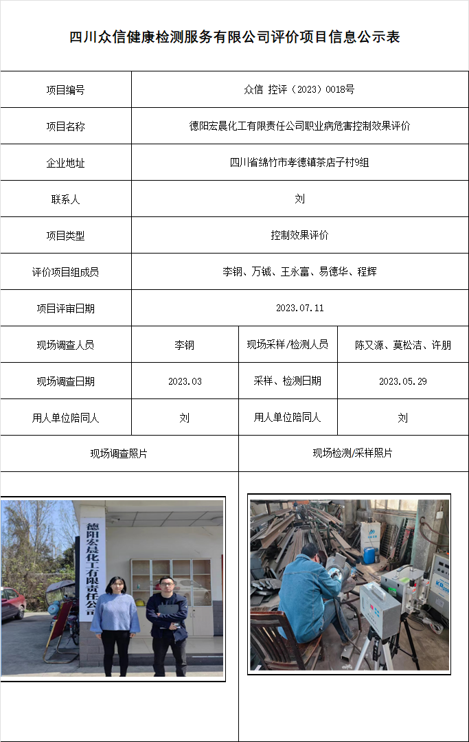 德阳宏晨化工有限责任公司职业病危害控制效果评价