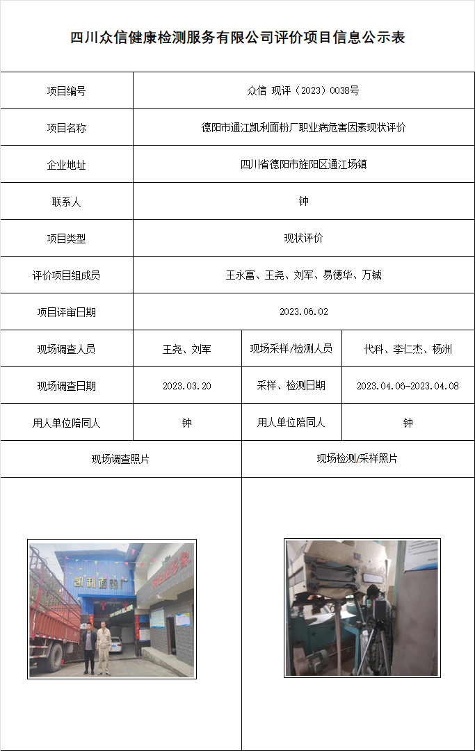 德阳市通江凯利面粉厂职业病危害因素现状评价