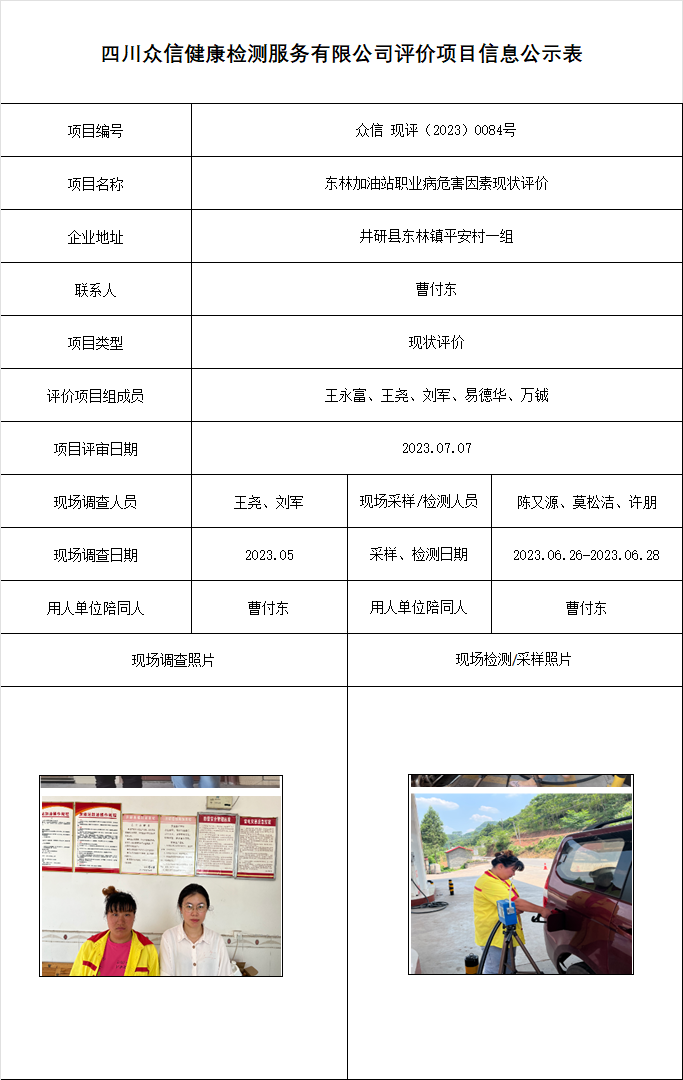 东林加油站职业病危害因素现状评价
