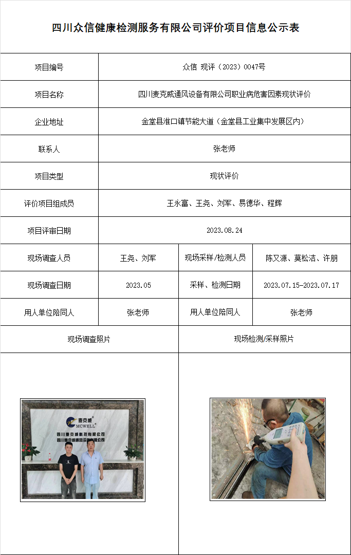 四川麦克威通风设备有限公司职业病危害因素现状评价