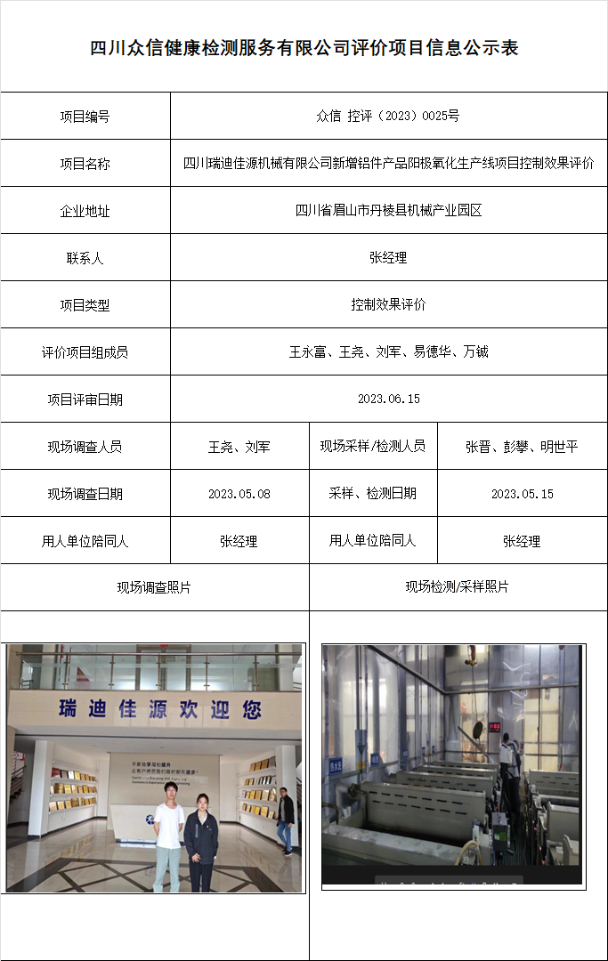 四川瑞迪佳源机械有限公司控制效果评价