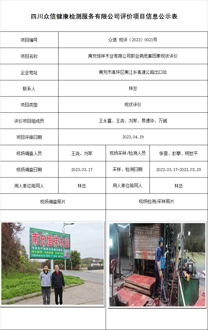 南充恒祥木业有限公司职业病危害因素现状评价