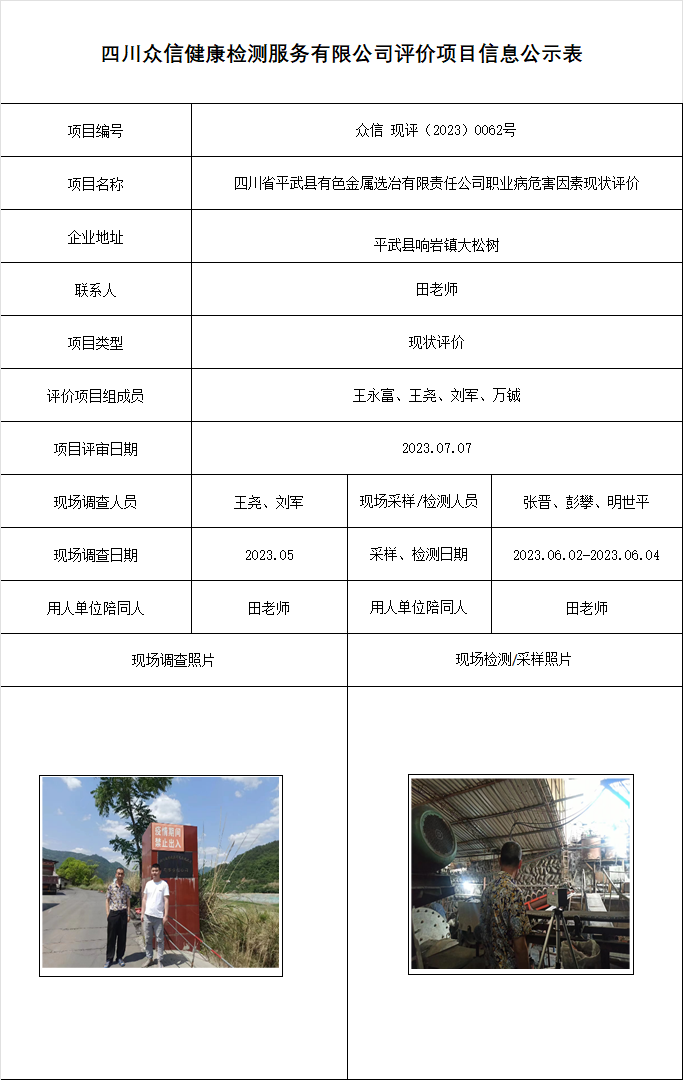 四川省平武县有色金属选冶有限责任公司现状评价