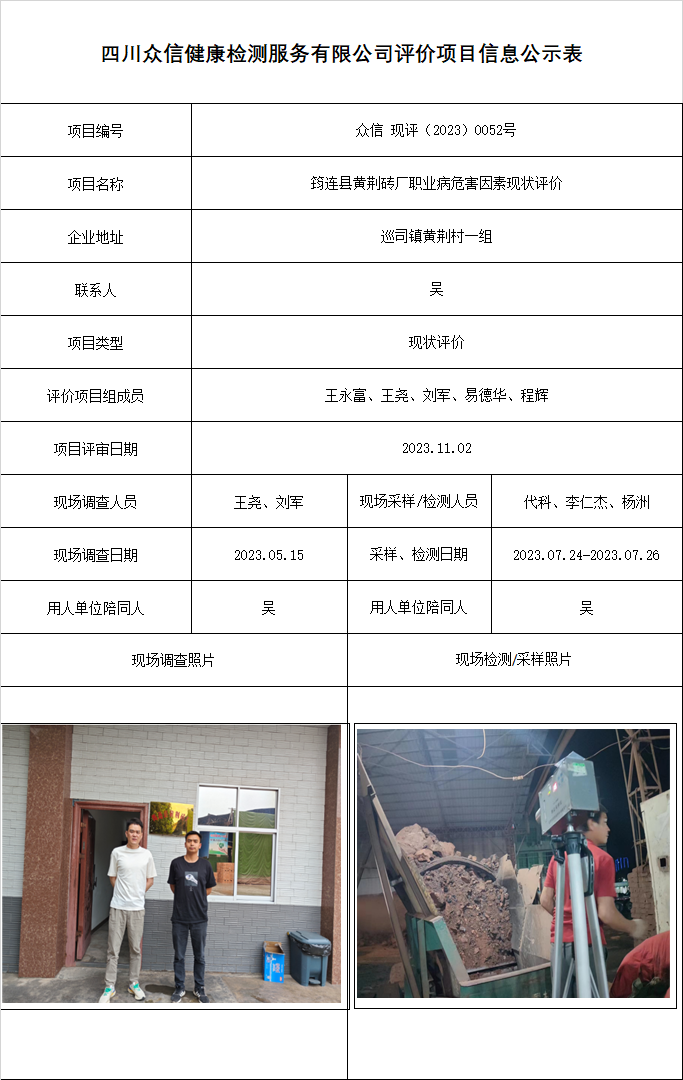 筠连县黄荆砖厂职业病危害因素现状评价