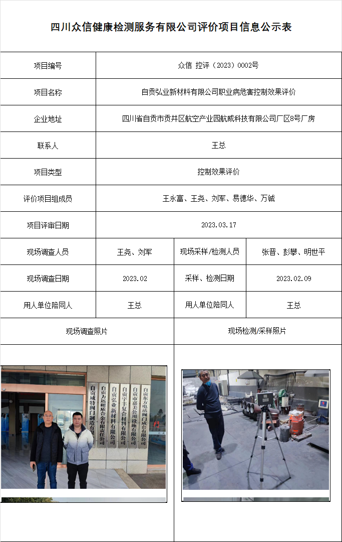 自贡弘业新材料有限公司职业病危害控制效果评价