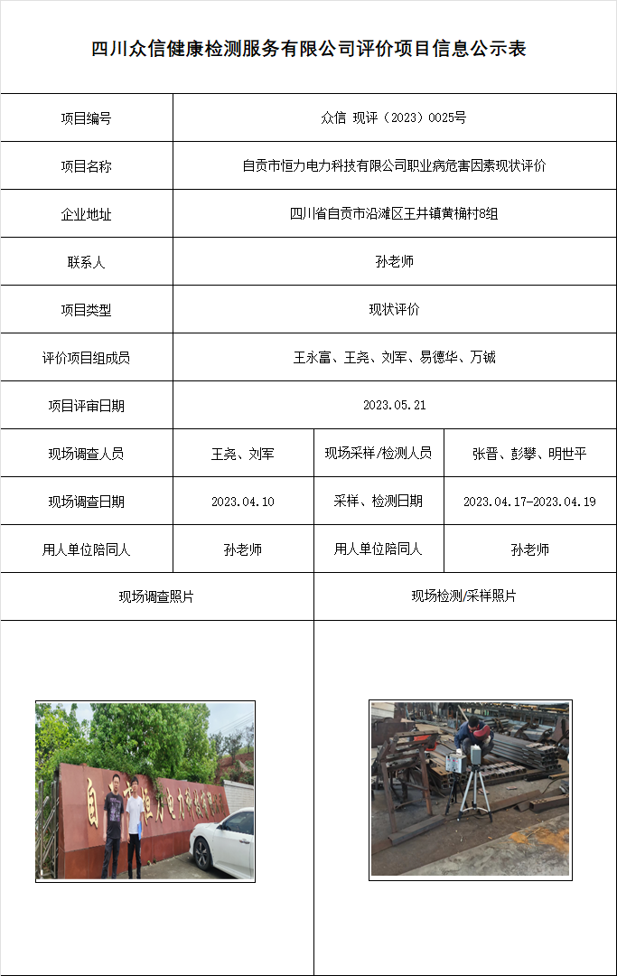 自贡市恒力电力科技有限公司职业病危害因素现状评价