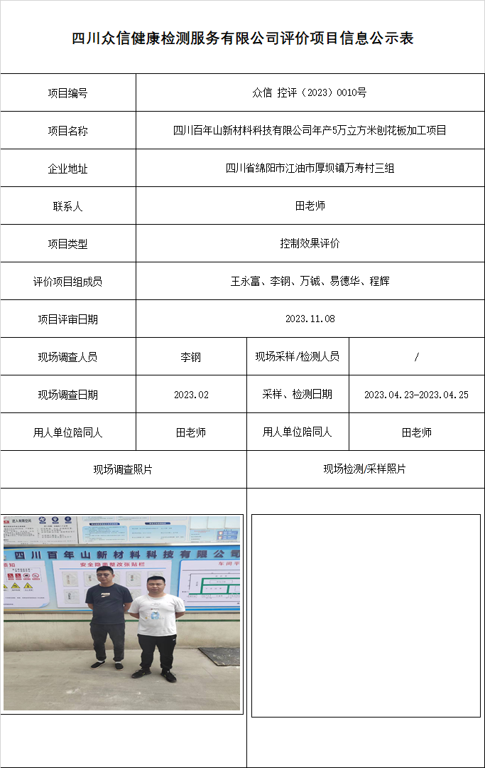 四川百年山新材料科技有限公司控制效果评价