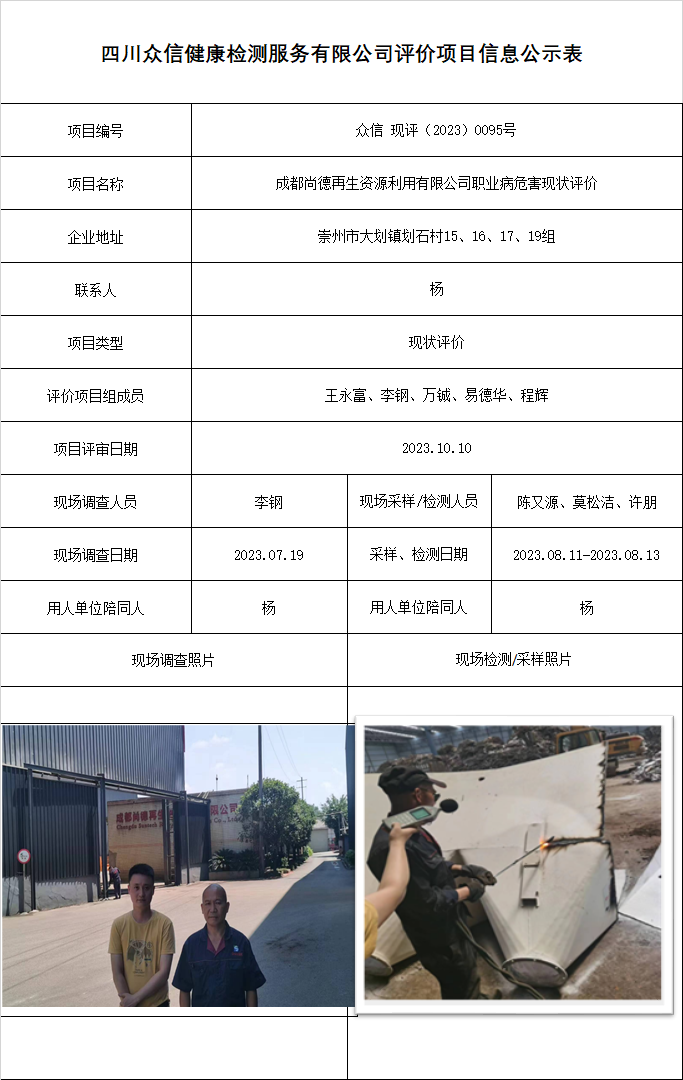 成都尚德再生资源利用有限公司职业病危害现状评价