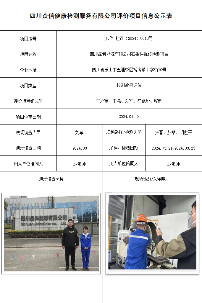 四川晶科能源有限公司石墨件维修检测项目控制效果评价