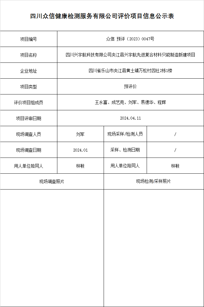 四川兴宇航科技有限公司夹江县兴宇航先进复合材料只能制造新建项目预评价