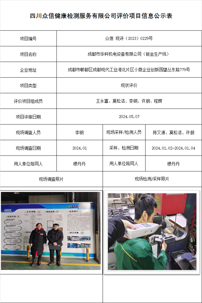 成都市华科机电设备有限公司（钣金生产线）现状评价