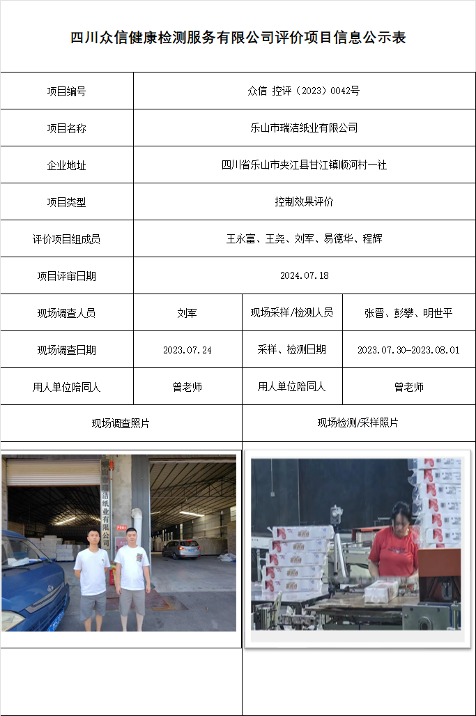 乐山市瑞洁纸业有限公司控制效果评价