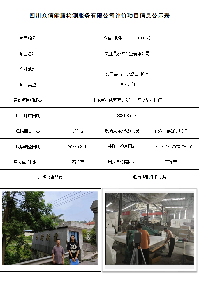 夹江县济财纸业有限公司现状评价
