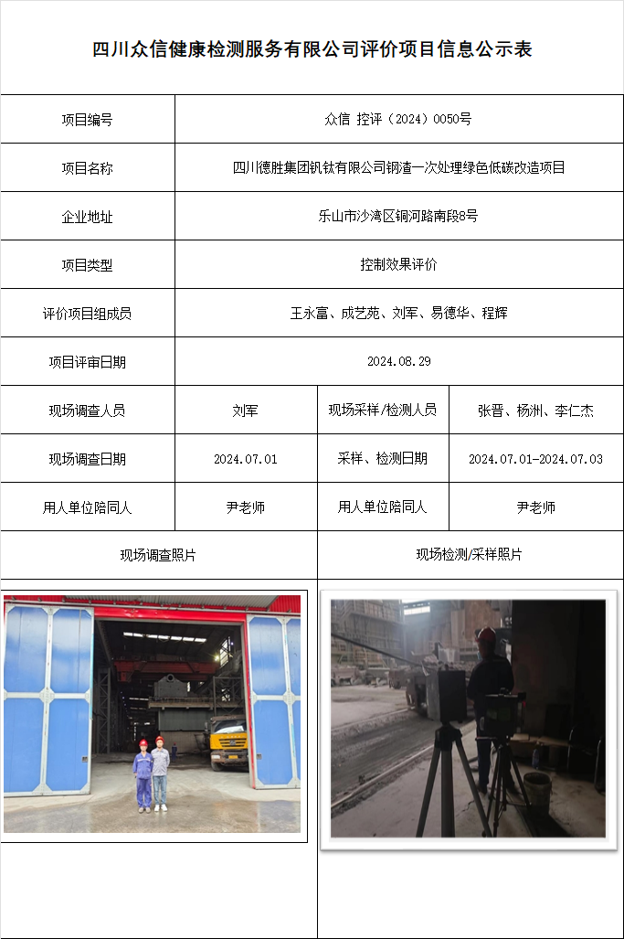 四川德胜集团钒钛有限公司钢渣一次处理绿色低碳改造项目控制效果评价