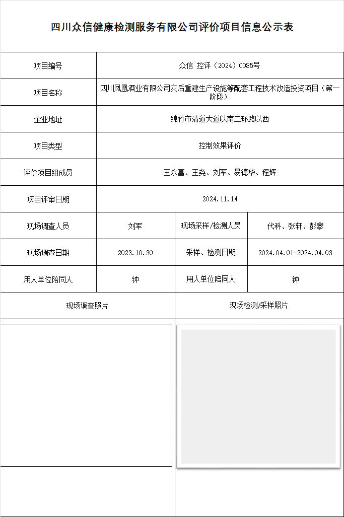 四川凤凰酒业有限公司灾后重建生产设施等配套工程技术改造投资项目（第一阶段）控制效