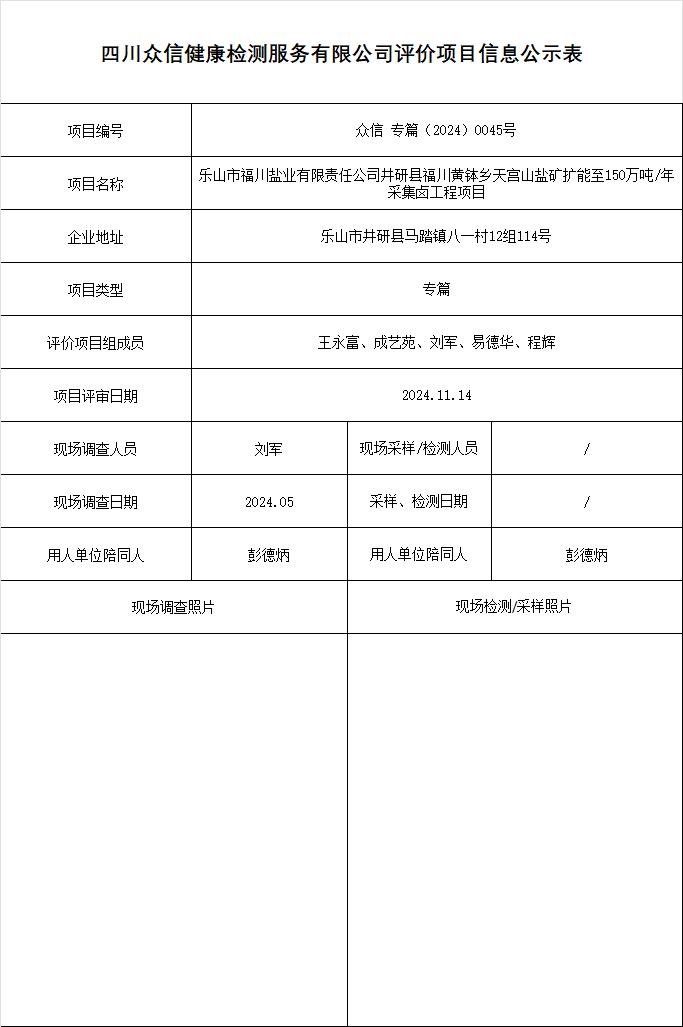 乐山市福川盐业有限责任公司井研县福川黄钵乡天宫山盐矿扩能至150万吨年采集卤工程