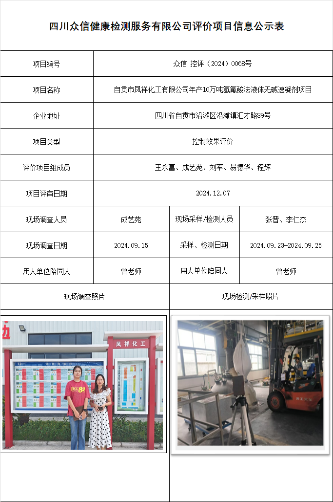 自贡市凤祥化工有限公司年产10万吨氢氟酸法液体无碱速凝剂项目控评