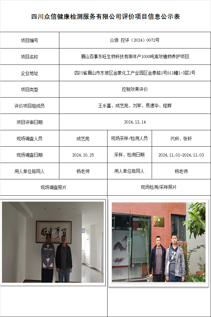 眉山百事东旺生物科技有限年产1000吨高效植物养护项目控制效果评价