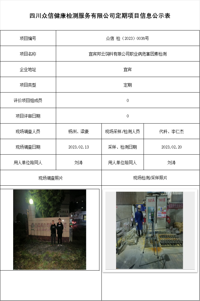 宜宾邦云饲料有限公司职业病危害因素检测