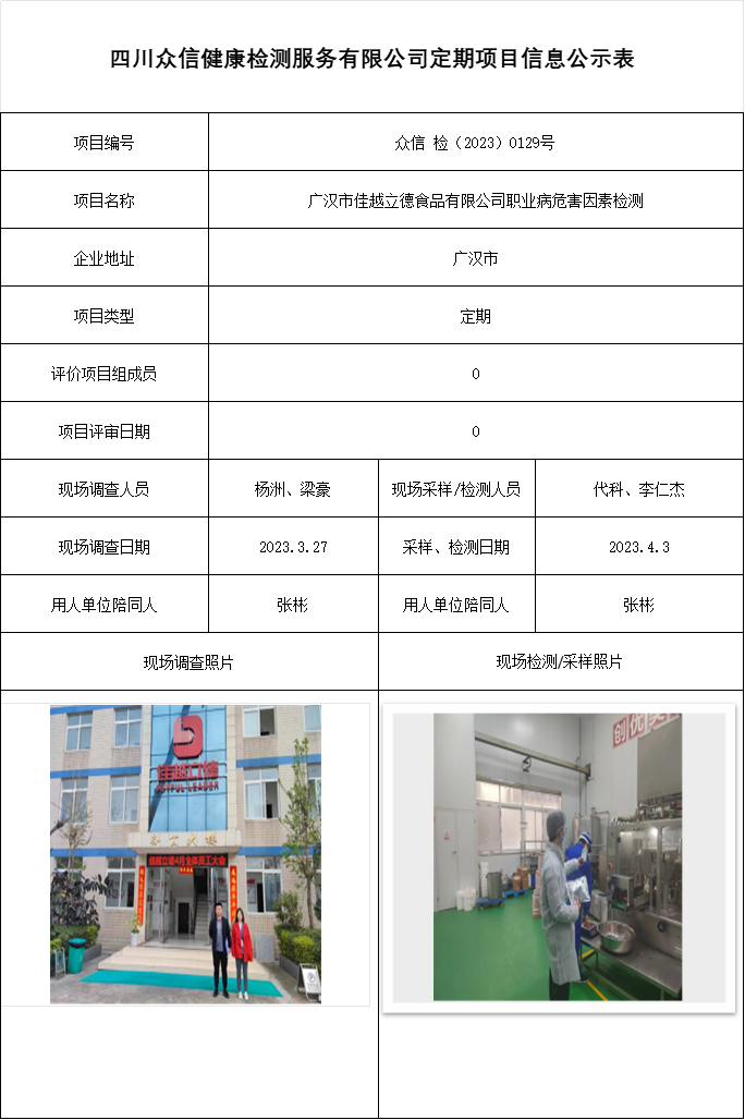 广汉市佳越立德食品有限公司职业病危害因素检测