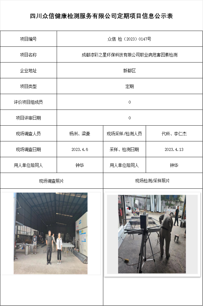 成都漆彩之星环保科技有限公司职业病危害因素检测
