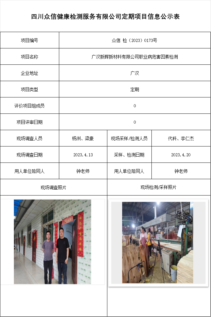 广汉新辉新材料有限公司职业病危害因素检测