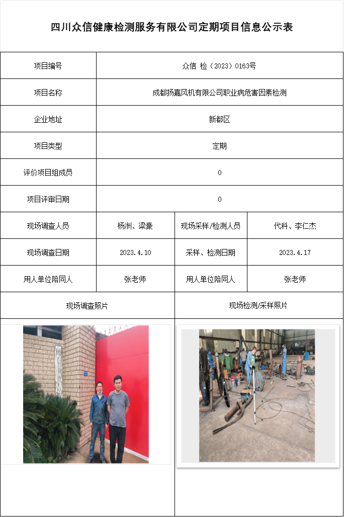 成都扬嘉风机有限公司职业病危害因素检测