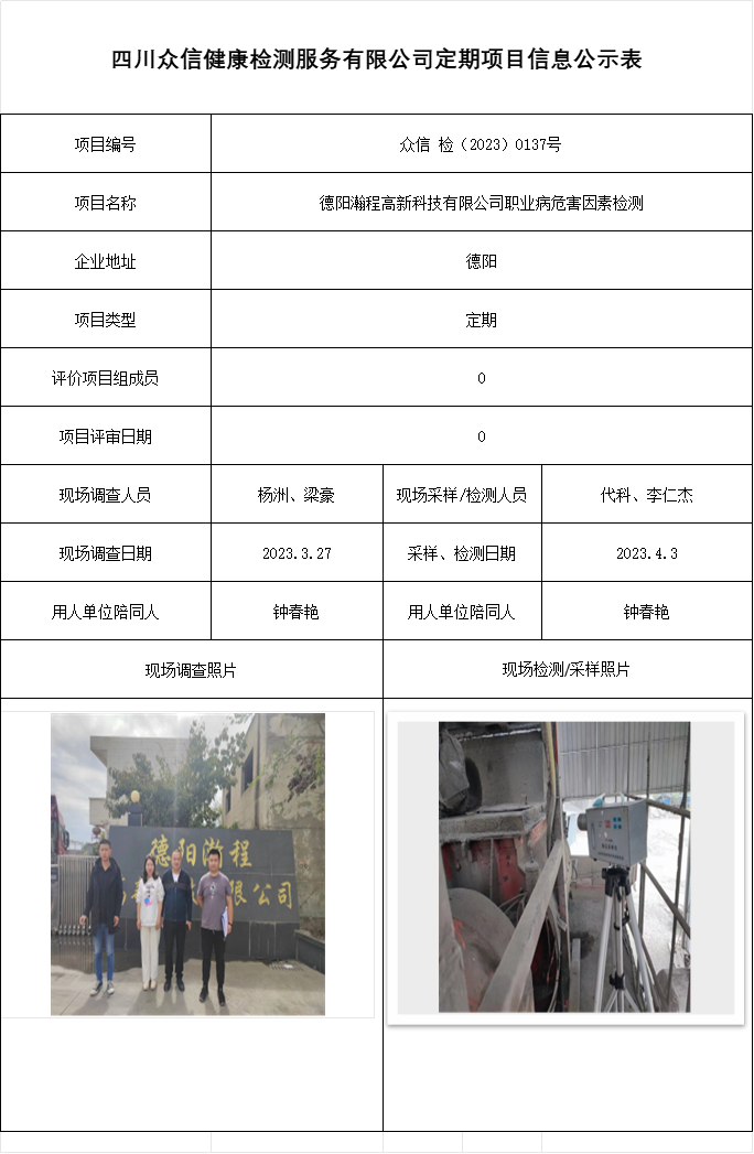 德阳瀚程高新科技有限公司职业病危害因素检测