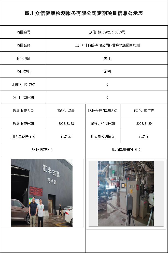 四川汇丰陶瓷有限公司职业病危害因素检测