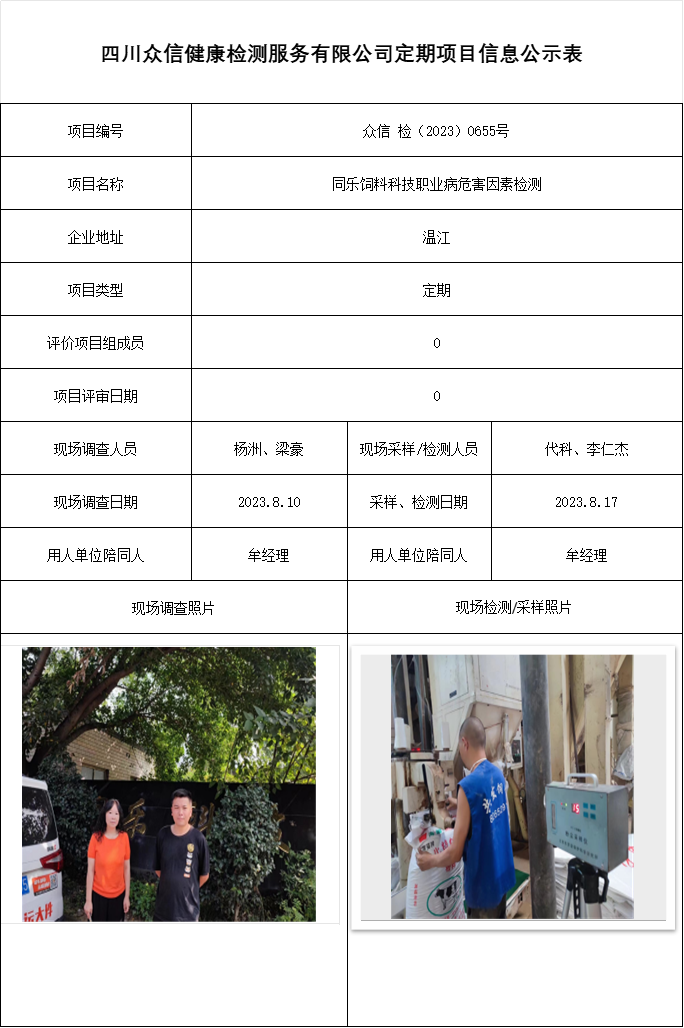 同乐饲料科技职业病危害因素检测