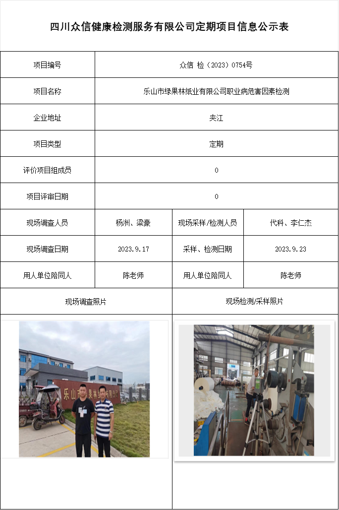 乐山市绿果林纸业有限公司职业病危害因素检测