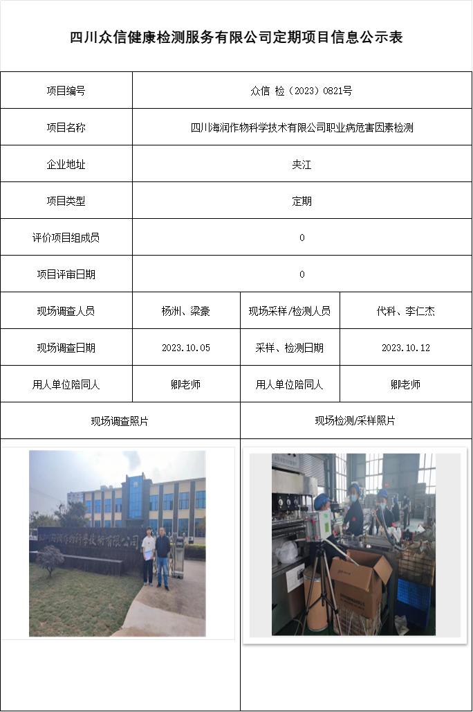 四川海润作物科学技术有限公司职业病危害因素检测