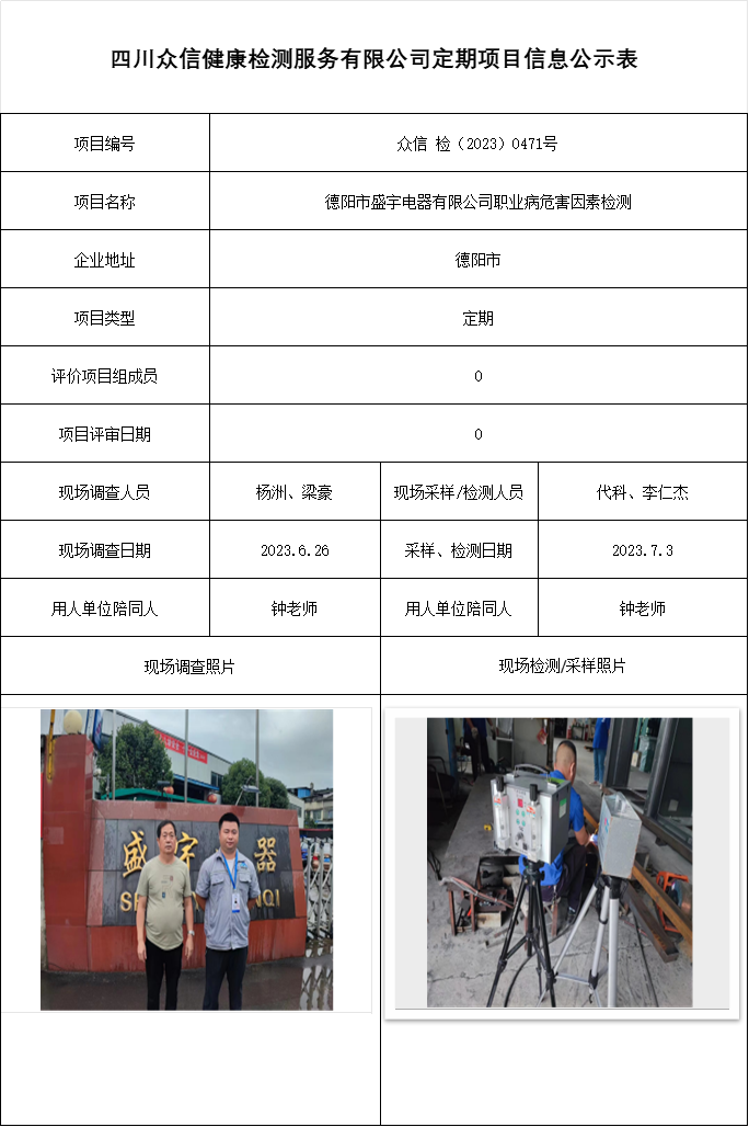 德阳市盛宇电器有限公司职业病危害因素检测