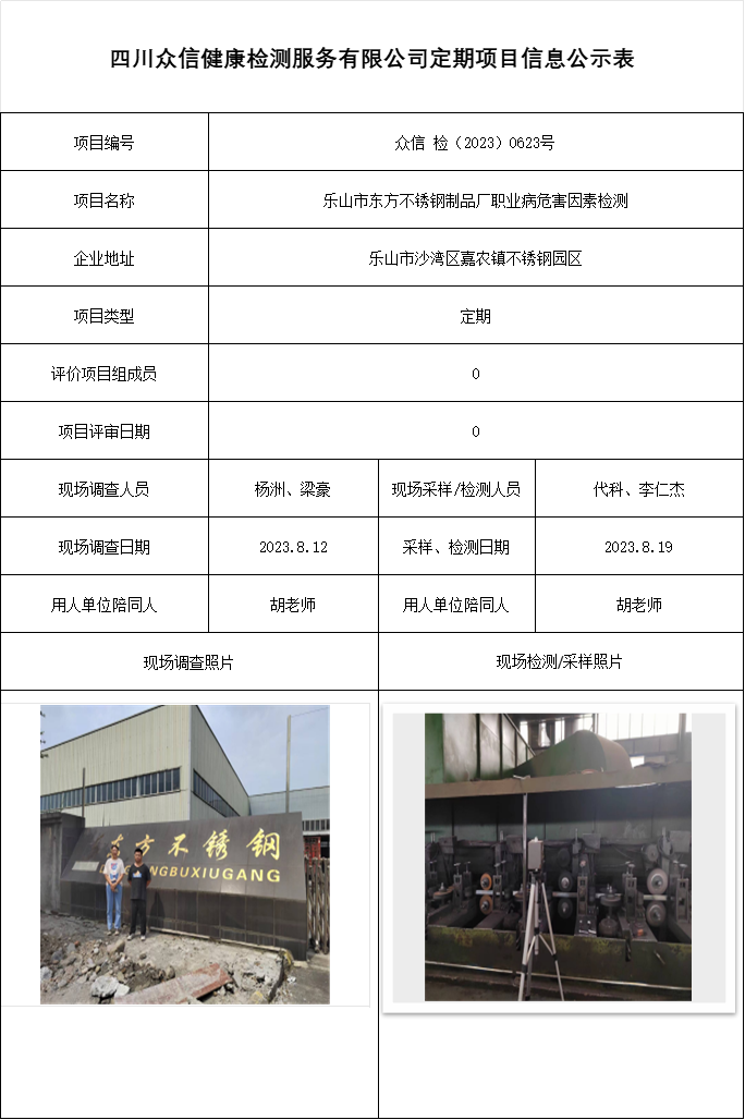 乐山市东方不锈钢制品厂职业病危害因素检测