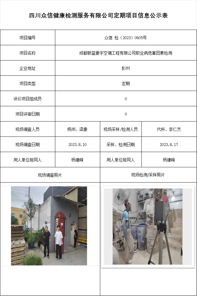 成都新蓝豪宇空调工程有限公司职业病危害因素检测