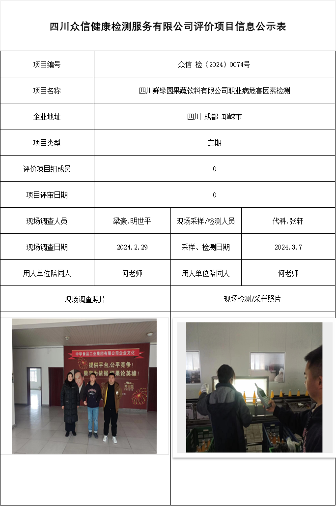 四川鲜绿园果蔬饮料有限公司职业病危害因素检测