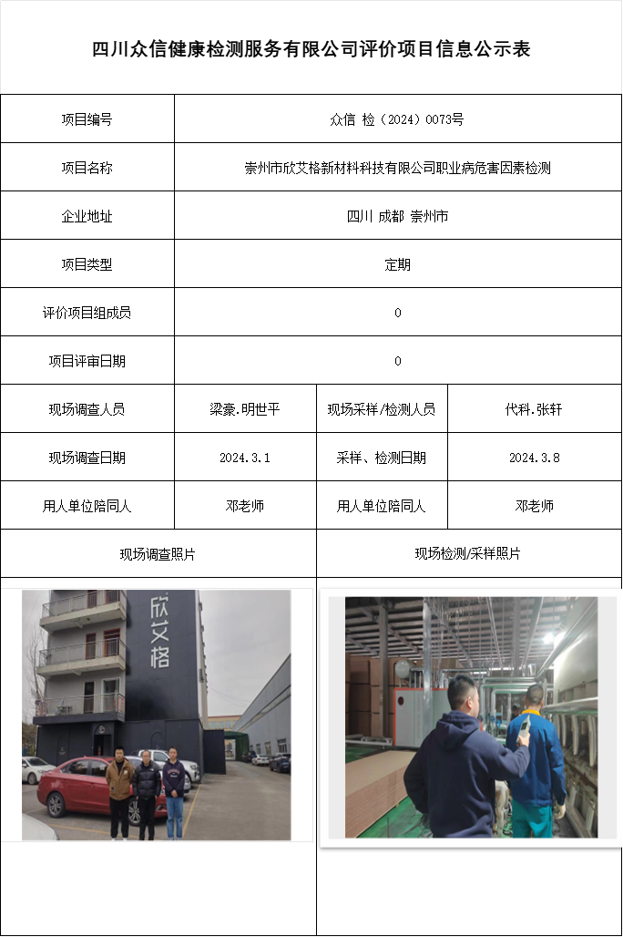 崇州市欣艾格新材料科技有限公司职业病危害因素检测