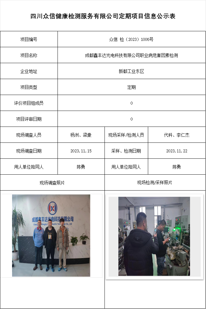 成都鑫丰达光电科技有限公司职业病危害因素检测