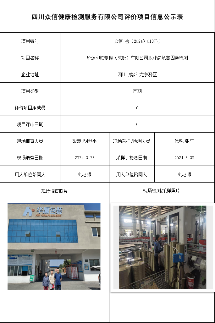 华源印铁制罐（成都）有限公司职业病危害因素检测