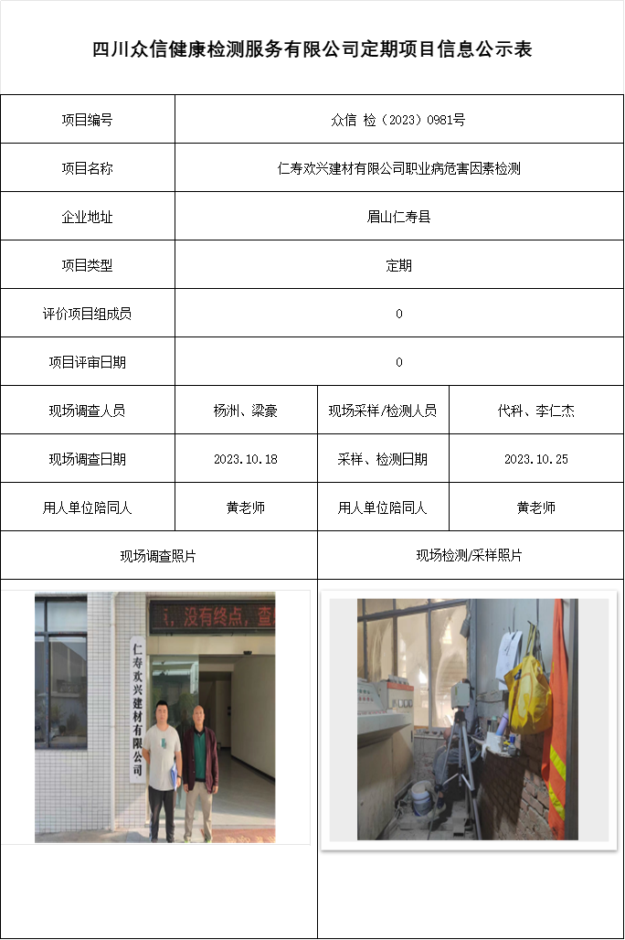 仁寿欢兴建材有限公司职业病危害因素检测