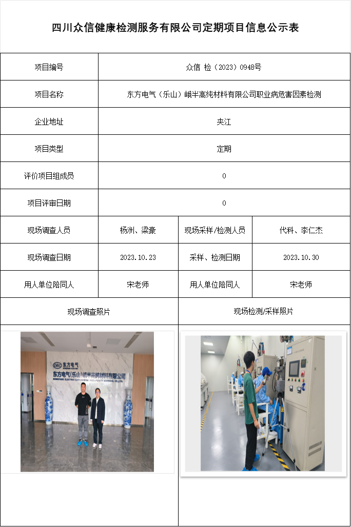 东方电气（乐山）峨半高纯材料有限公司职业病危害因素检测