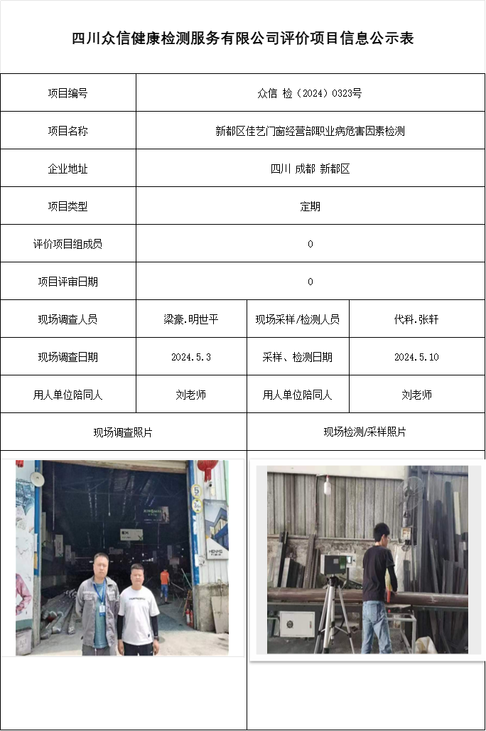 新都区佳艺门窗经营部职业病危害因素检测