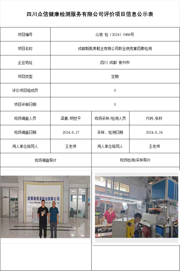 成都新凯美鞋业有限公司职业病危害因素检测